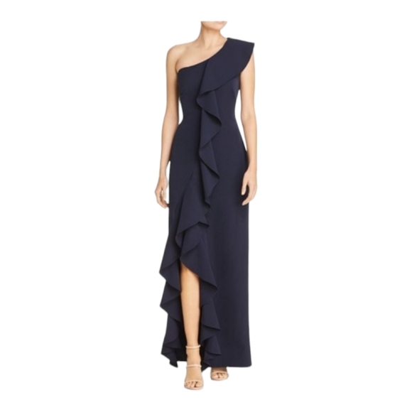 Eliza J Dresses & Skirts - Eliza J Women's Dress Size 10 One Shoulder Ruffle Navy Maxi Gown Side